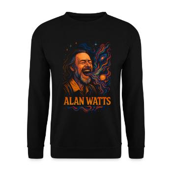 Alan Watts Kosmisches Lach-T-Shirt - Unisex Pullover - Schwarz - Vorne - Alina (178cm) & Michal (187cm)