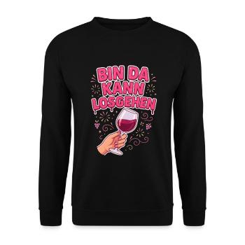 Bin da kann losgehen Weinglas Weinliebhaberin - Unisex Pullover - Schwarz - Vorne - Alina (178cm) & Michal (187cm)