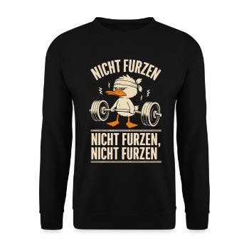 Funny Fitness Duck – Don't Fart! - Unisex Sweatshirt - black - Front - Alina (178cm) & Michal (187cm)