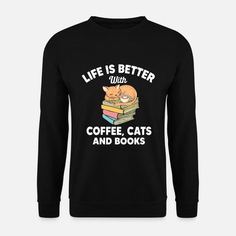 Katze, Bücher & Kaffee Unisex T-Shirt - Unisex Pullover - Schwarz