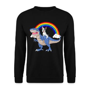 Verspielter Dinosaurier mit Regenbogen und Französische Bulldogge - Unisex Pullover - Schwarz - Vorne - Alina (178cm) & Michal (187cm)