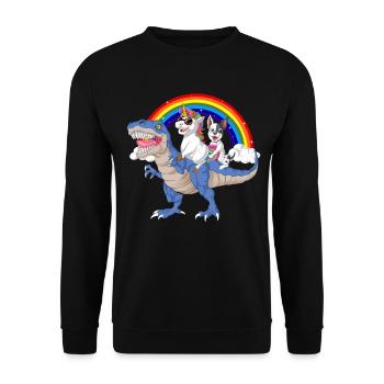 Regenbogen-Dinosaurier mit Einhorn und französischer Bulldogge - Unisex Pullover - Schwarz - Vorne - Alina (178cm) & Michal (187cm)