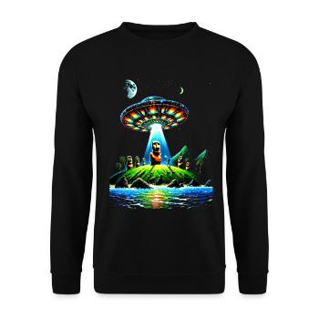 Futuristic Alien Landscape with UFO and Moai - Unisex Sweatshirt - black - Front - Alina (178cm) & Michal (187cm)