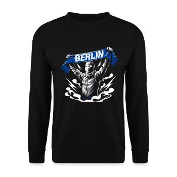 Stilisierte Neon-Graffiti Berlin Szene - Unisex Pullover - Schwarz - Vorne - Alina (178cm) & Michal (187cm)