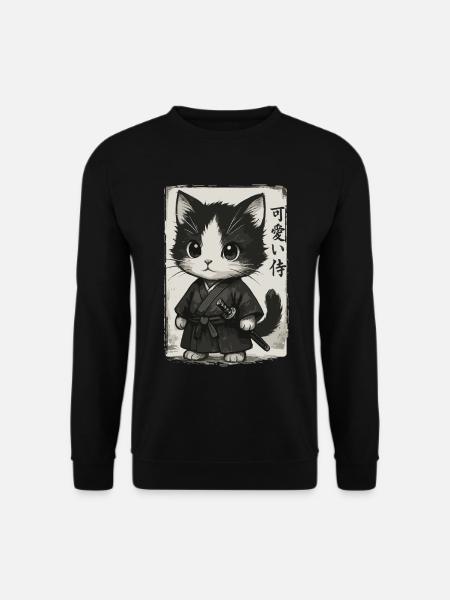 Samurai Katze, Kawaii Kätzchen, Japanischer Kunst - Unisex Pullover - Schwarz