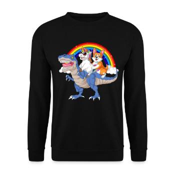 Skurrile Dinosaurierfahrt mit Fantasy Corgi Hund - Unisex Pullover - Schwarz - Vorne - Alina (178cm) & Michal (187cm)