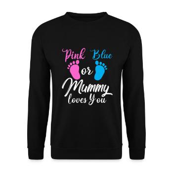 Rosa Oder Blau Geschlecht Enthüllung T-Shirt Schwangere Mumie - Unisex Pullover - Schwarz - Vorne - Alina (178cm) & Michal (187cm)