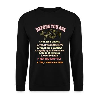 Licence de drone humoristique Graphique, règles pilote de drone - Sweat-shirt Unisexe - noir - Devant - Alina (178cm) & Michal (187cm)