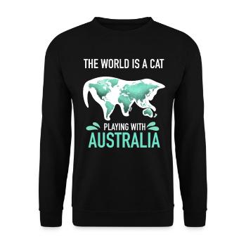 Weltkarte Katze spielt mit Australien - Unisex Pullover - Schwarz - Vorne - Alina (178cm) & Michal (187cm)