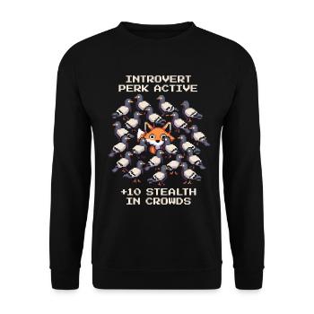 Perk aktiv: +10 Tarnung | Introvertiert - Unisex Pullover - Schwarz - Vorne - Alina (178cm) & Michal (187cm)