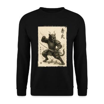 Samurai Katze, Japanischer Krieger & Kämpfer - Unisex Pullover - Schwarz - Vorne - Alina (178cm) & Michal (187cm)