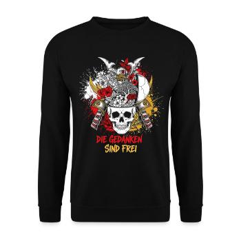 Samurai Schädel Blumenkunst - Gedanken sind Frei - Unisex Pullover - Schwarz - Vorne - Alina (178cm) & Michal (187cm)