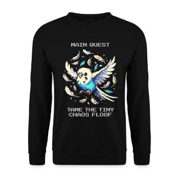 Main Quest: Tame Chaos Fluff | Budgie - Unisex Sweatshirt - black - Front - Alina (178cm) & Michal (187cm)