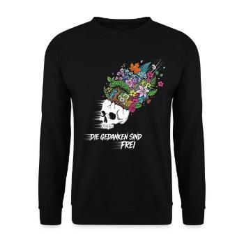Freiheits Blumen Totenkopf  - Unisex Pullover - Schwarz - Vorne - Alina (178cm) & Michal (187cm)