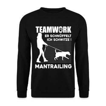 Mantrailing Teamwork - Er Schnüffelt Ich schwitze - Unisex Pullover - Schwarz - Vorne - Alina (178cm) & Michal (187cm)