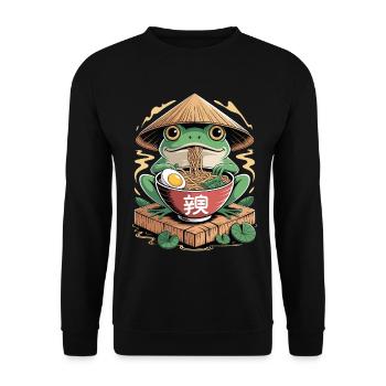 Cheerful ramen frog with rice straw hat and - Unisex Sweatshirt - black - Front - Alina (178cm) & Michal (187cm)