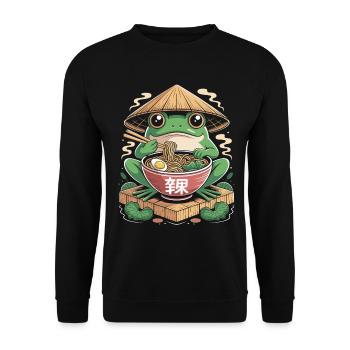 Niedlicher Frosch mit Ramen und Strohhut - Unisex Pullover - Schwarz - Vorne - Alina (178cm) & Michal (187cm)