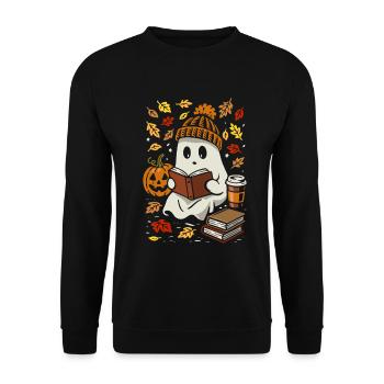 Fantôme avec livre et café - Costume d'Halloween - Sweat-shirt Unisexe - noir - Devant - Alina (178cm) & Michal (187cm)