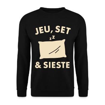 Spiel, Set &amp; Nickerchen Humor Tennis und Entspannung - Unisex Pullover - Schwarz - Vorne - Alina (178cm) & Michal (187cm)