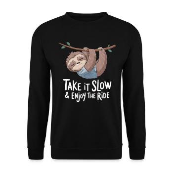  Entspanntes Faultier: Nimm's Langsam & Genieße - Unisex Pullover - Schwarz - Vorne - Alina (178cm) & Michal (187cm)