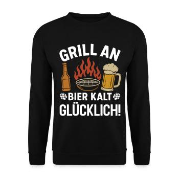 Bierfan GRILL AN BIER KALT GLÜCKLICH Lustiges - Unisex Pullover - Schwarz - Vorne - Alina (178cm) & Michal (187cm)