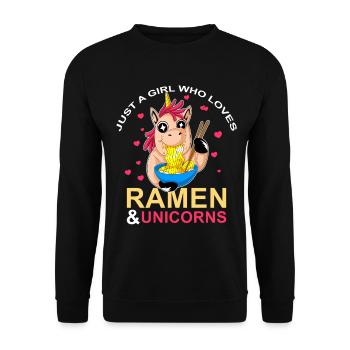 Ramen und Einhörner Mädchen lieben - Unisex Pullover - Schwarz - Vorne - Alina (178cm) & Michal (187cm)