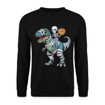 Halloween T-Rex mit Skellet und Kürbis - Unisex Pullover - Schwarz - Vorne - Alina (178cm) & Michal (187cm)