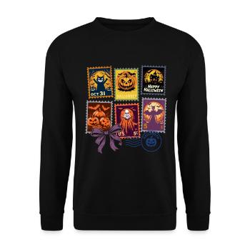 Halloween Briefmarken Figuren – Grusel Saison - Unisex Pullover - Schwarz - Vorne - Alina (178cm) & Michal (187cm)