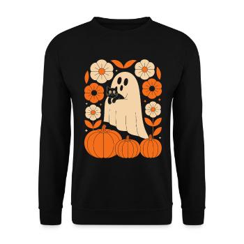 Geist Kürbis Katze Vintage Blumen Halloween Herbst - Unisex Pullover - Schwarz - Vorne - Alina (178cm) & Michal (187cm)