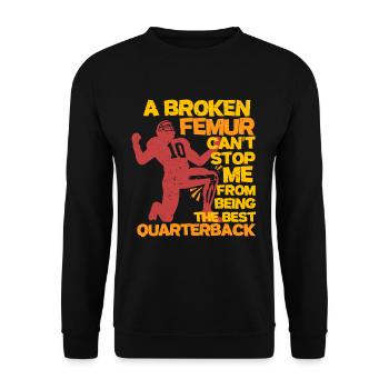 Beinbruch Gebrochener Oberschenkel Quarterback - Unisex Pullover - Schwarz - Vorne - Alina (178cm) & Michal (187cm)