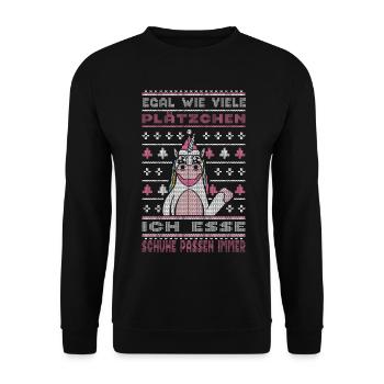 Weihnachtsgeschenk Einhorn Plätzchen Schuhe - Unisex Pullover - Schwarz - Vorne - Alina (178cm) & Michal (187cm)