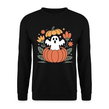 Halloween Herbst Retro Blumen Geist Kürbis - Unisex Pullover - Schwarz - Vorne - Alina (178cm) & Michal (187cm)