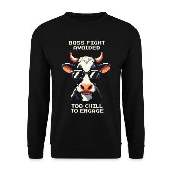 Bosskampf gemieden: Zu entspannt | Kuh Humor - Unisex Pullover - Schwarz - Vorne - Alina (178cm) & Michal (187cm)