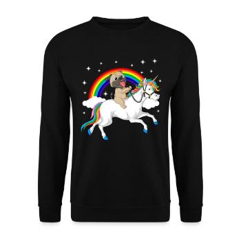 Mops Reiten Einhorn T-Shirt - Unisex Pullover - Schwarz - Vorne - Alina (178cm) & Michal (187cm)