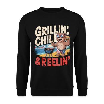 Funny bear barbecuing, chilling and fishing - Unisex Sweatshirt - black - Front - Alina (178cm) & Michal (187cm)