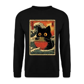 Japan Katze Ramen Nudel Retro Welle Motiv - Unisex Pullover - Schwarz - Vorne - Alina (178cm) & Michal (187cm)