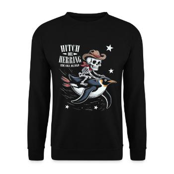 Knochen-Cowboy-Pinguin Motiv - Unisex Pullover - Schwarz - Vorne - Alina (178cm) & Michal (187cm)