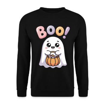 Kawaii Geist Boo Süßes Halloween Motiv - Unisex Pullover - Schwarz - Vorne - Alina (178cm) & Michal (187cm)