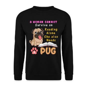 Lesen Hund Mops Illustration T-Shirt - Unisex Pullover - Schwarz - Vorne - Alina (178cm) & Michal (187cm)