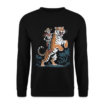 Abenteuerliches Skelett mit Tiger - Unisex Pullover - Schwarz - Vorne - Alina (178cm) & Michal (187cm)