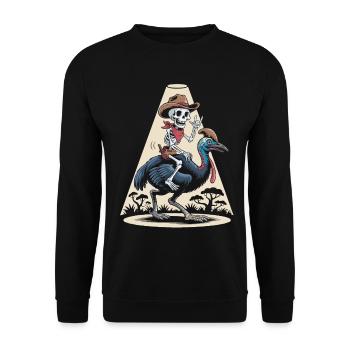 Skelett auf Kasuar im Cowboystil - Unisex Pullover - Schwarz - Vorne - Alina (178cm) & Michal (187cm)