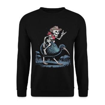 Knochen-Skelett auf Kiwi mit Cowboyhut - Unisex Pullover - Schwarz - Vorne - Alina (178cm) & Michal (187cm)
