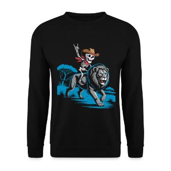 Skelett auf Löwe im Wildwest-Stil - Unisex Pullover - Schwarz - Vorne - Alina (178cm) & Michal (187cm)