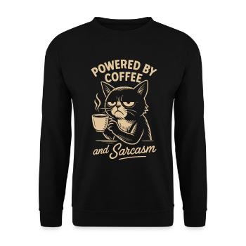 Angetrieben von Kaffee und Sarkasmus Katzendesign - Unisex Pullover - Schwarz - Vorne - Alina (178cm) & Michal (187cm)