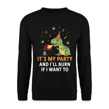 Dino Party mit Feueratem und Geburtstagshut - Unisex Pullover - Schwarz - Vorne - Alina (178cm) & Michal (187cm)