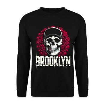Brooklyn NYC Schädel Streetwear mit Rosen - Unisex Pullover - Schwarz - Vorne - Alina (178cm) & Michal (187cm)