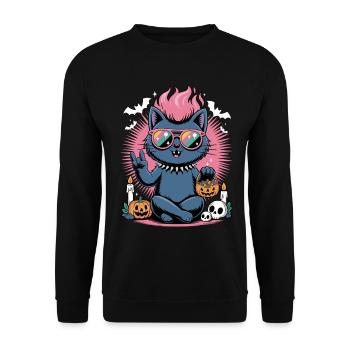 Neon Halloween Kater mit Kürbis-Szene - Unisex Pullover - Schwarz - Vorne - Alina (178cm) & Michal (187cm)
