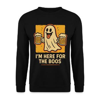 Ich bin hier für die Buhrufe Lustiger Halloween-Spruch - Unisex Pullover - Schwarz - Vorne - Alina (178cm) & Michal (187cm)