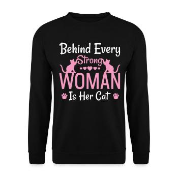 Hinter jeder starken Frau steckt ihre Katze - Unisex Pullover - Schwarz - Vorne - Alina (178cm) & Michal (187cm)