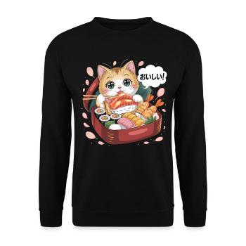Chat Kawaii avec Sushi - Sweat-shirt Unisexe - noir - Devant - Alina (178cm) & Michal (187cm)